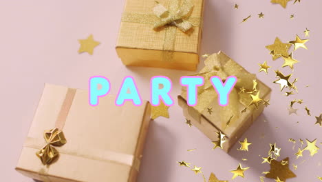 Animation-Eines-Partytextes-über-Geschenken-Und-Goldenen-Sternen-Auf-Rosa-Hintergrund