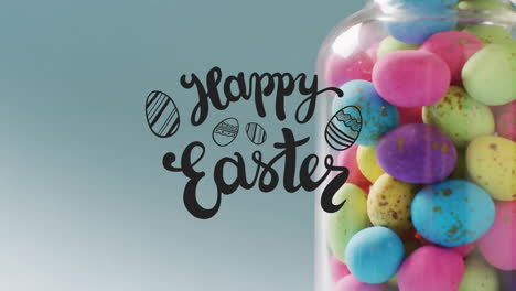 Animation-of-happy-easter-text-over-colourful-easter-eggs-in-jar-on-blue-background