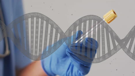 Animation-of-dna-strand-over-biracial-female-doctor-holding-test-tube