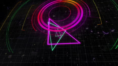 Animation-of-colourful-neon-triangles-over-circular-scanner-and-networks-on-black-background