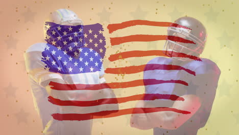 Animation-Verschiedener-American-Football-Spieler-Mit-Ball-Und-US-Flagge