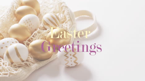 Animation-of-easter-greetings-text-over-white-and-gold-easter-eggs-on-white-background