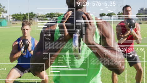 Animation-of-data-processing-and-diagrams-over-diverse-men-exercising-at-stadium