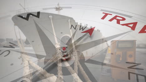 Animation-of-compass-with-arrow-pointing-to-travel-text-over-ship-in-harbour