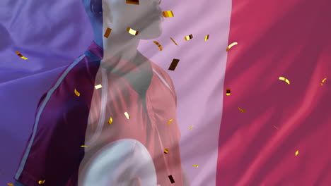 Animation-of-confetti-and-flag-of-france-over-african-american-male-rugby-player