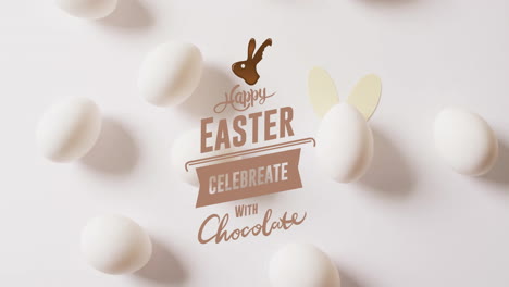 Animation-of-happy-easter-text-over-white-eggs-on-white-background