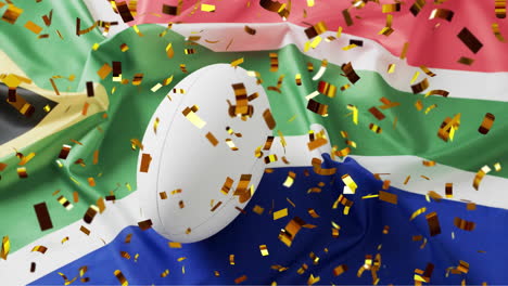 Animation-of-confetti-over-white-rugby-ball-and-flag-of-south-africa