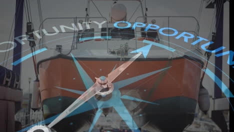 Animation-Eines-Kompasses-Mit-Pfeil,-Der-Auf-Den-Text-„Opportunity“-über-Einem-Boot-Im-Dock-Zeigt
