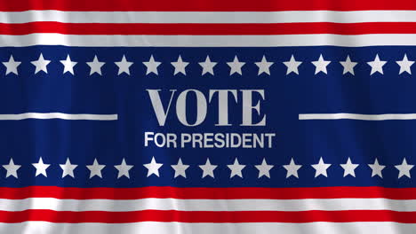 Animación-Del-Texto-De-Votación-Para-Presidente-Sobre-Franjas-Rojas,-Blancas-Y-Azules-Estadounidenses-Y-Estrellas-Blancas