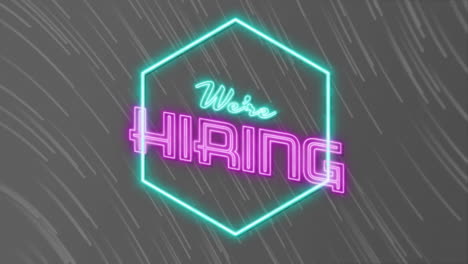 Animation-of-we're-hiring-neon-text-over-neon-pattern-on-grey-background
