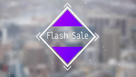 Animation-of-flash-sale-text-in-white-and-purple-diamond-over-falling-snow-and-blurred-city