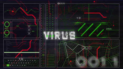 Animation-of-virus-text-over-network-and-processing-data-on-black-background