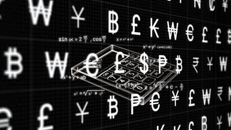Animation-of-currency-symbols-and-calculator-on-black-background