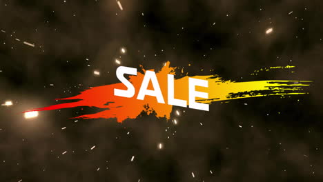 Animation-of-white-sale-text-on-orange-paint-splash-over-fireworks-in-night-sky