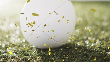 Animation-of-confetti-over-white-rugby-ball-on-grass