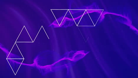 Animation-of-white-triangles-over-purple-shapes-on-blue-background