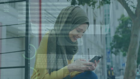 Animation-of-financial-data-processing-over-biracial-woman-in-hijab-using-smartphone