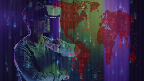 Animation-of-world-map-and-data-processing-over-man-wearing-vr-headset-and-computer-servers