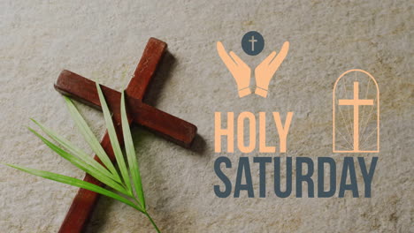 Animation-of-holy-saturday-text-over-cross-and-palm-on-grey-background