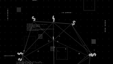 Animation-Eines-Netzwerks-Mit-Datenverarbeitung-Und-Dollarzeichen-Auf-Schwarzem-Hintergrund