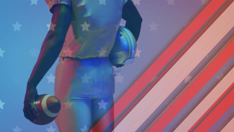 Animation-of-african-american-american-football-player-with-ball-and-helmet-and-flag-of-usa
