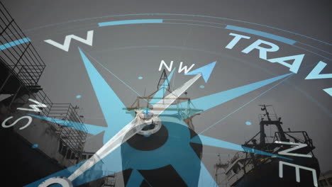 Animation-of-compass-with-arrow-pointing-to-travel-text-over-boats-in-harbour