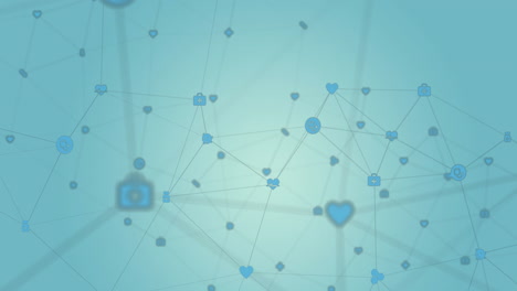 Animation-of-network-of-connections-with-medical-icons-on-blue-background