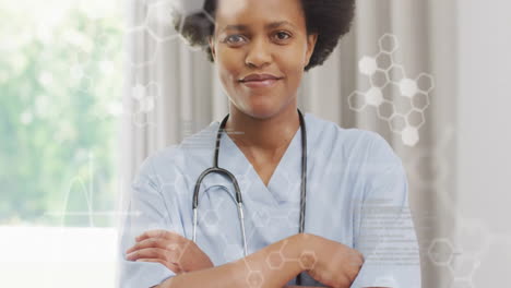 Animation-of-data-processing-and-chemical-formula-over-biracial-female-doctor-smiling