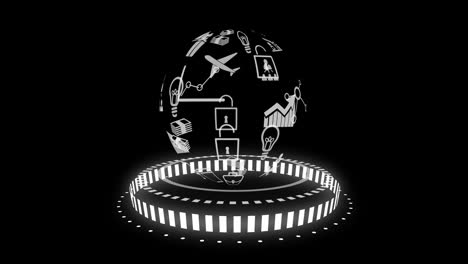 Animation-of-globe-with-icons-and-data-processing-over-black-background