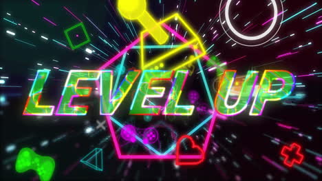 Animation-Von-Level-Up-Text-über-Neonfarbenen-Videospielsymbolen-Auf-Schwarzem-Hintergrund
