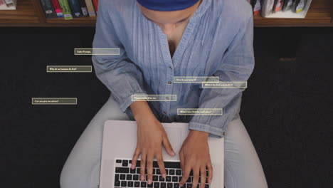 Animation-Von-KI-Text-Und--Daten-über-Einer-Gemischtrassigen-Studentin-Im-Hijab-Mit-Laptop