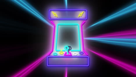 Animation-Von-Stroboskopischen-Farbigen-Lichtstrahlen-über-Neon-Arcade-Spiel-Auf-Schwarz