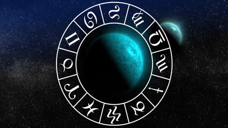 Animation-of-circle-with-zodiac-symbols-over-globes-on-black-background
