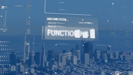Animation-of-text-and-data-processing-over-cityscape