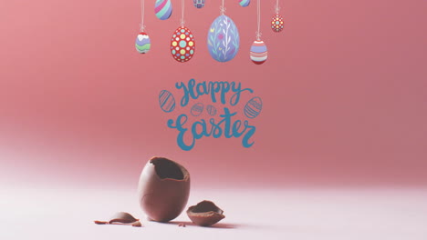 Animation-of-happy-easter-text-over-colourful-easter-eggs-on-pink-background
