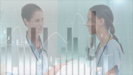 Animation-of-financial-data-processing-over-diverse-female-doctors