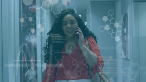 Animation-of-data-processing-and-chemical-formula-over-biracial-businesswoman-talking-on-smartphone