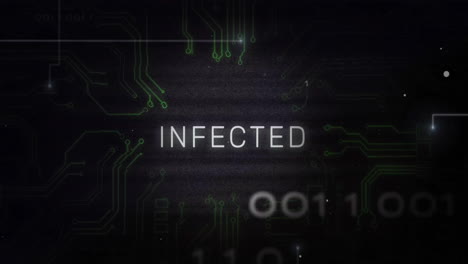 Animation-of-infected-text-with-data-processing-on-black-background