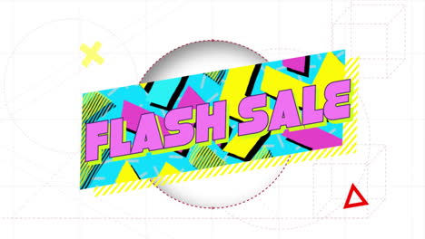 Animation-of-flash-sale-text-in-pink-on-colourful-banner-over-cursor-cutting-circle-on-white
