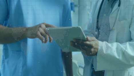 Animation-of-data-processing-connections-over-diverse-doctors-with-tablet