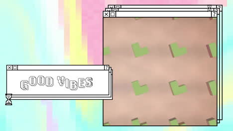 Animation-Von-Good-Vibes-Texten-Und-Computerbildschirmen-über-Einem-Neonfarbenen-Musterhintergrund