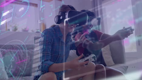 Animation-Der-Datenverarbeitung-über-Verschiedene-Frauen-Mit-VR-Headsets