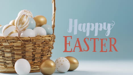 Animation-of-happy-easter-text-over-white-and-gold-easter-eggs-in-bucket-on-blue-background