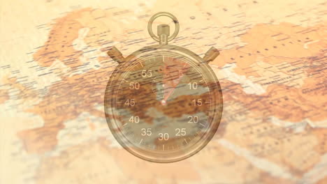 Animation-Eines-Timers-über-Einer-Sich-Drehenden-Weltkarte-Und-Einem-Kompass