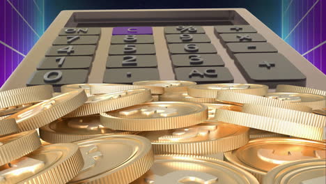 Animation-of-calculator-and-gold-euro-coins-over-metaverse-background