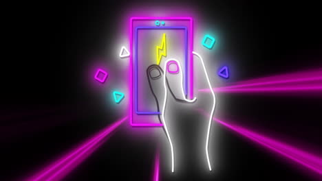 Animation-of-strobing-coloured-light-beams-over-neon-hand-using-handheld-digital-game-on-black