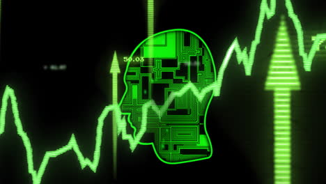 Animation-of-financial-data-processing-over-circuit-board-head-on-black-background