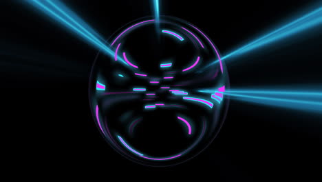 Animation-of-strobing-blue-and-pink-neon-light-beams-over-rotating-neon-on-black-background