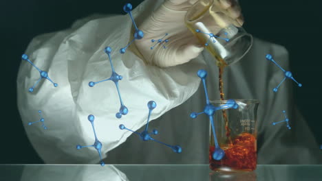 Animation-of-element-structures-over-scientist-in-ppe-suit-mixing-chemical-solutions-in-lab