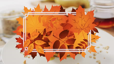 Animation-of-frame-with-fall-leaves-over-pancakes